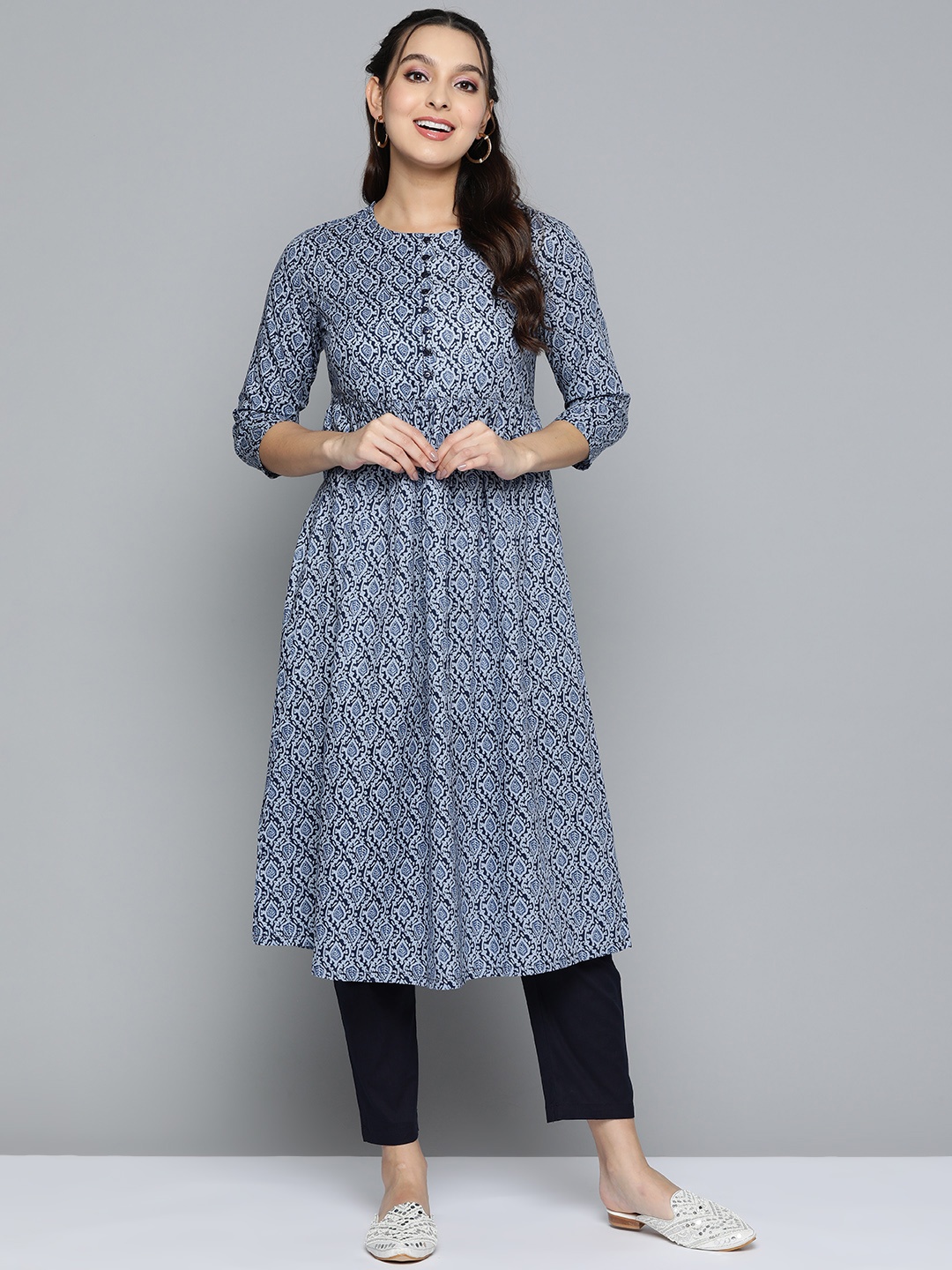 

HERE&NOW Ethnic Motifs Print Pure Cotton A-Line Kurta With Trousers, Navy blue