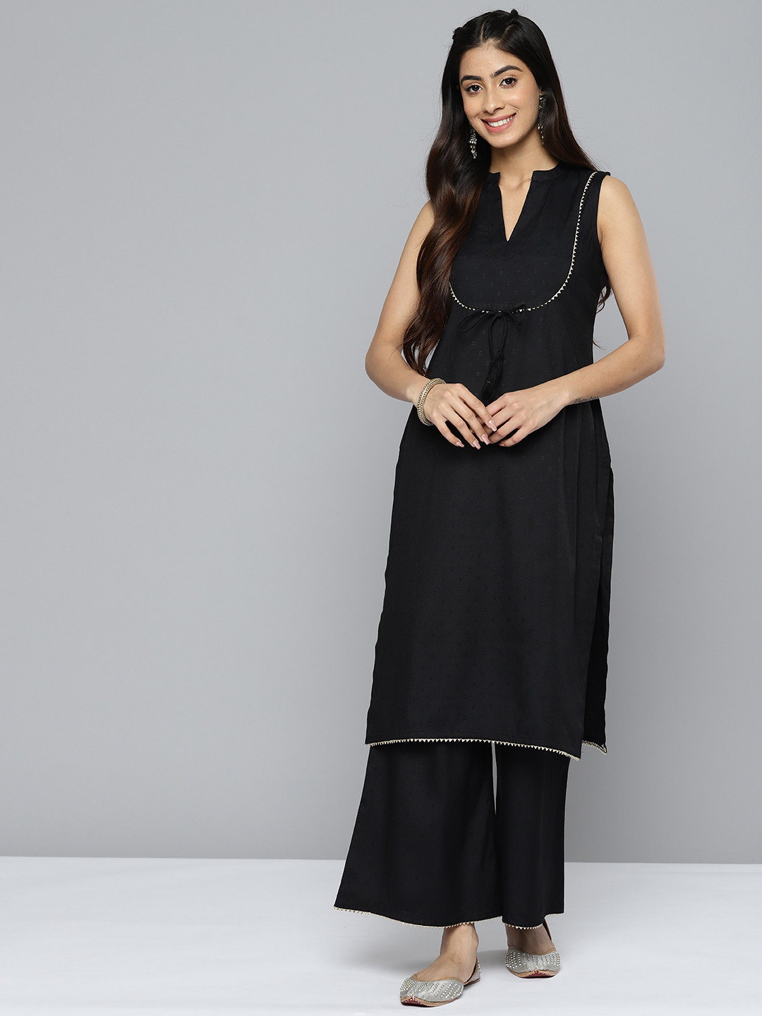 

HERE&NOW Women Black Gotta Patti Pure Cotton Kurta with Palazzos