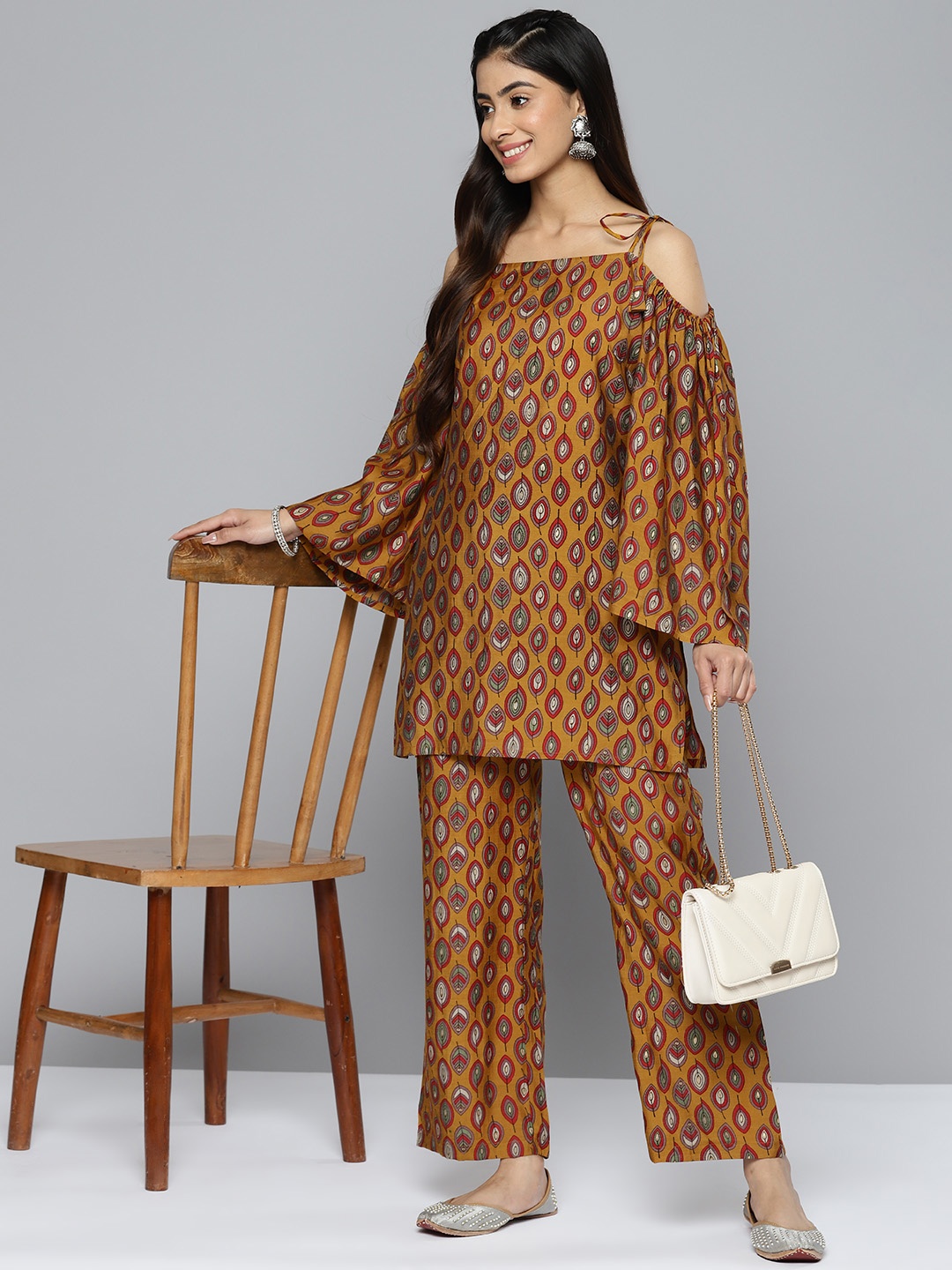 

HERE&NOW Women Ethnic Motifs Printed Cold-Shoulder Kurta with Palazzos, Mustard