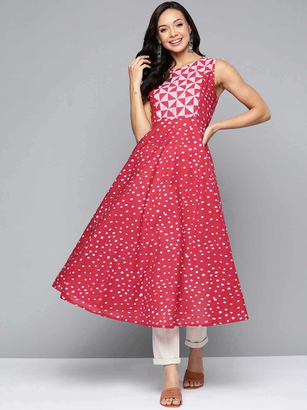 

HERE&NOW Geometric Print Pure Cotton Anarkali Kurta, Red