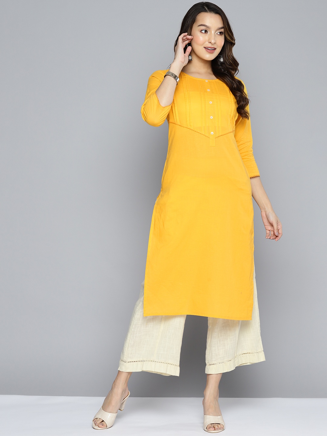 

HERE&NOW Solid Pintucks Pure Cotton Kurta, Mustard