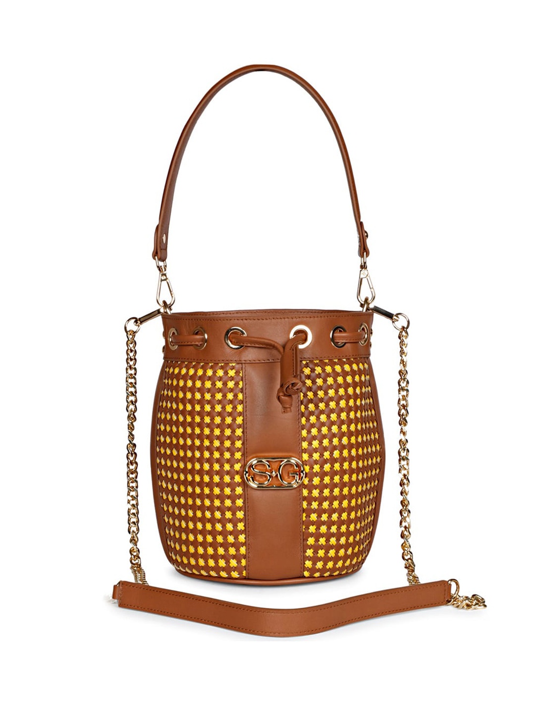 

Saint G Checked Leather Structured Handheld Bag, Tan