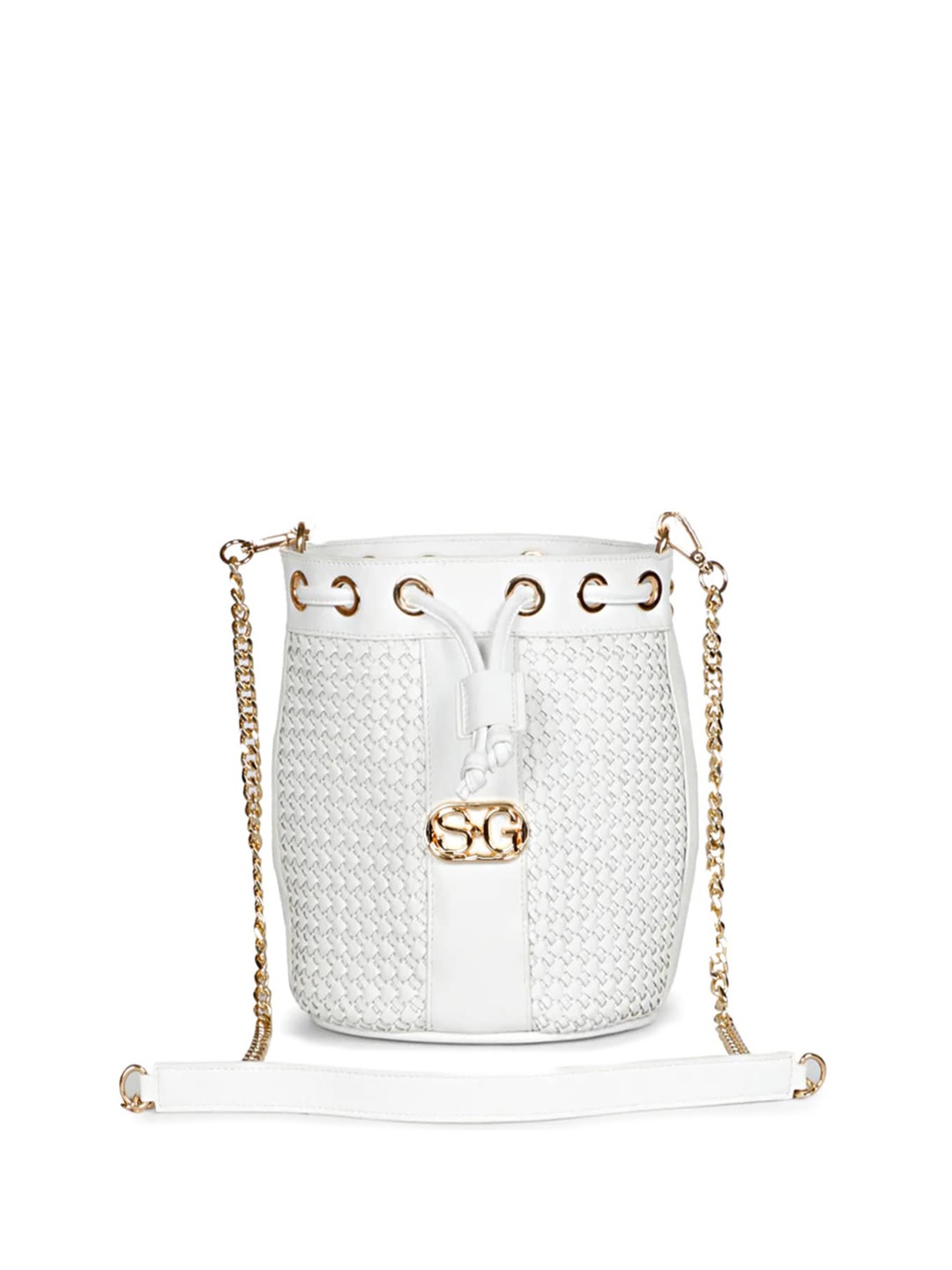 

Saint G Checked Leather Bucket Handheld Bag, White