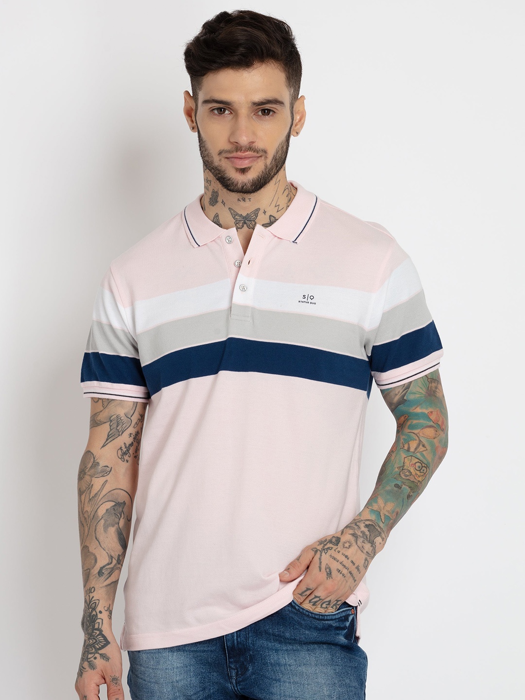 

Status Quo Men Plus Size Striped Polo Collar Cotton T-shirt, Pink
