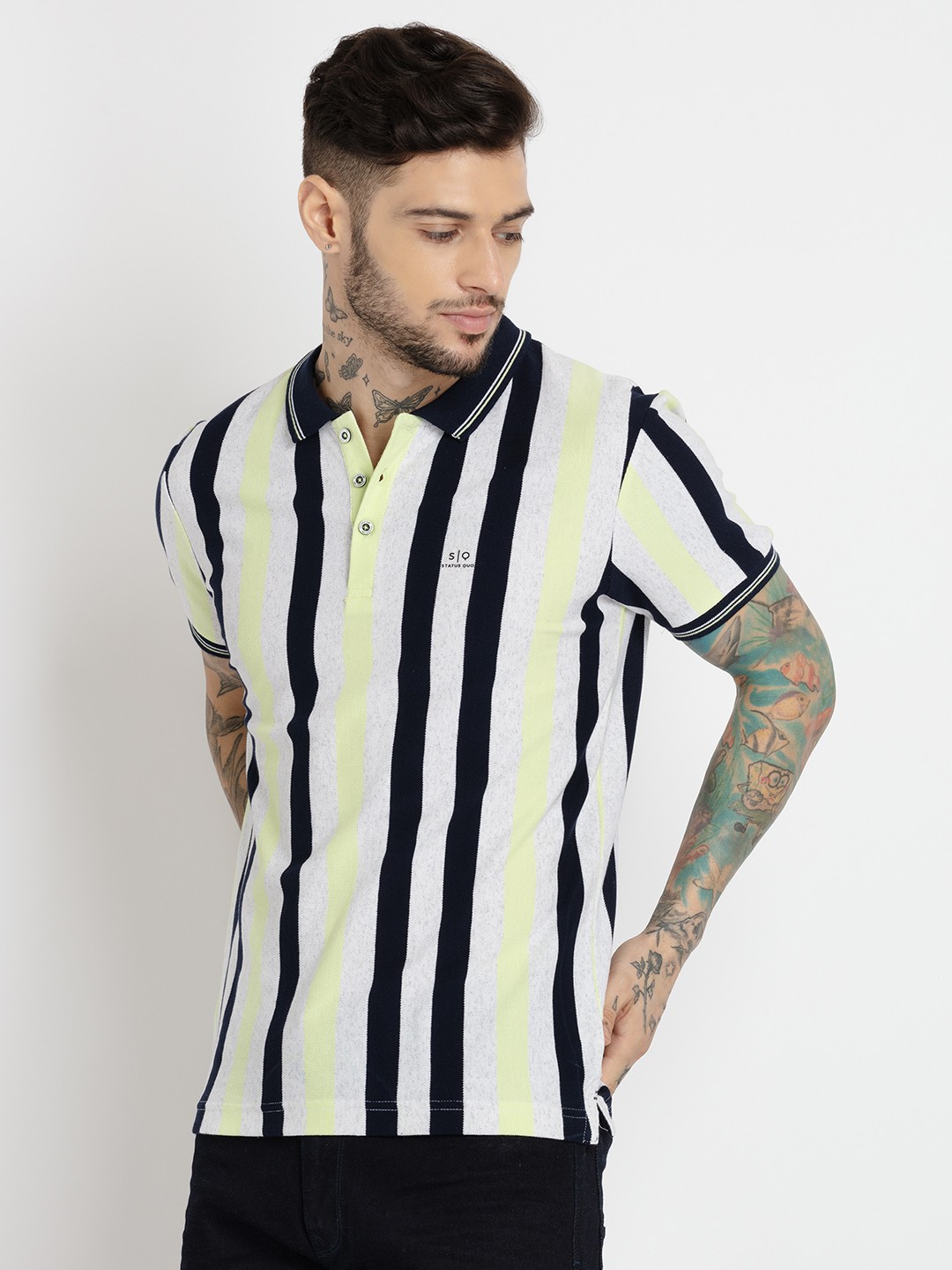 

Status Quo Men Striped Polo Collar T-shirt, Navy blue