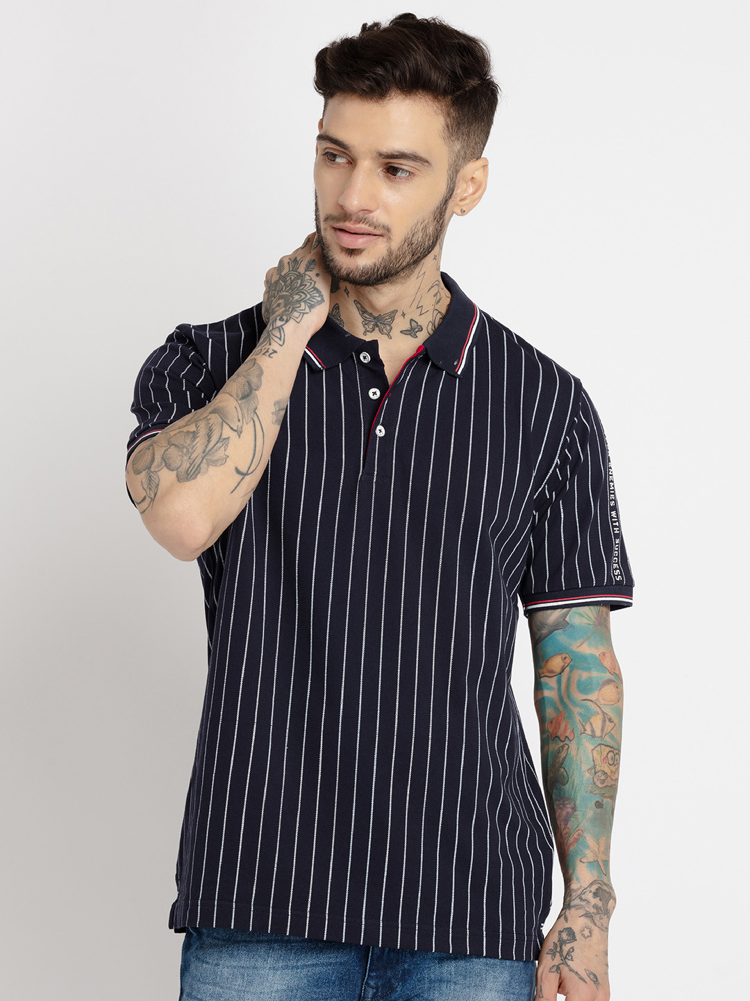 

Status Quo Men Striped Polo Collar Cotton T-shirt, Navy blue