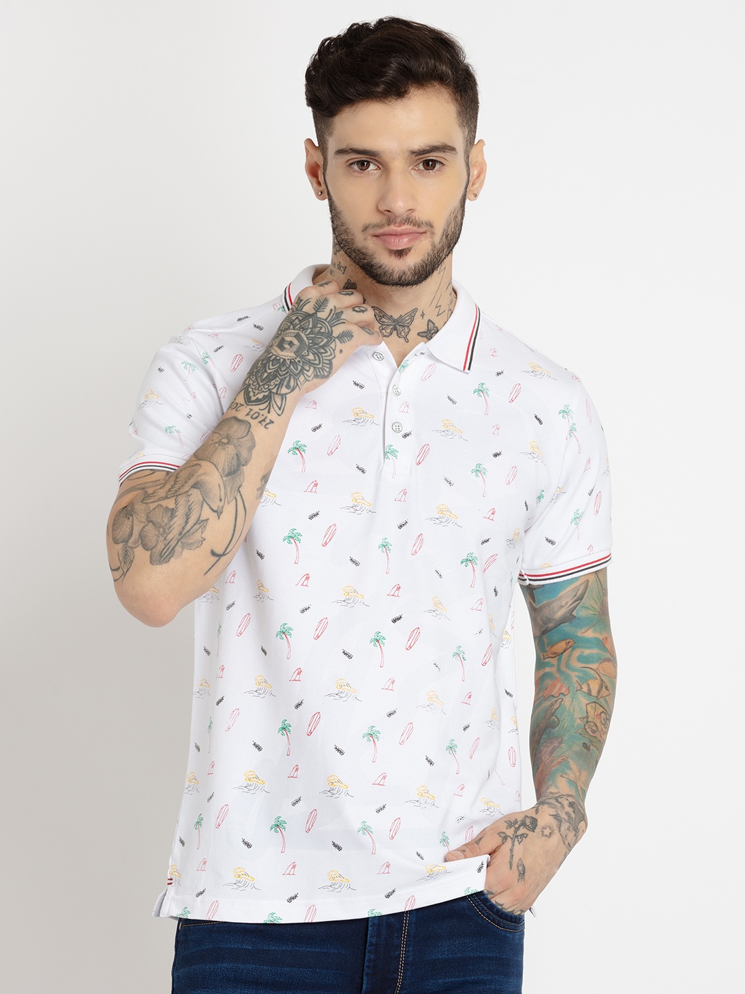 

Status Quo Men Plus Size Printed Polo Collar Cotton T-shirt, White