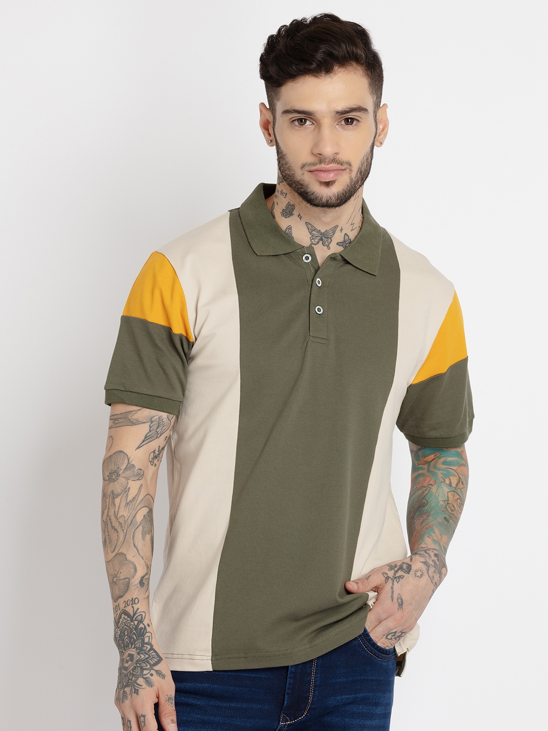 

Status Quo Men Colourblocked Polo Collar Cotton T-shirt, Olive