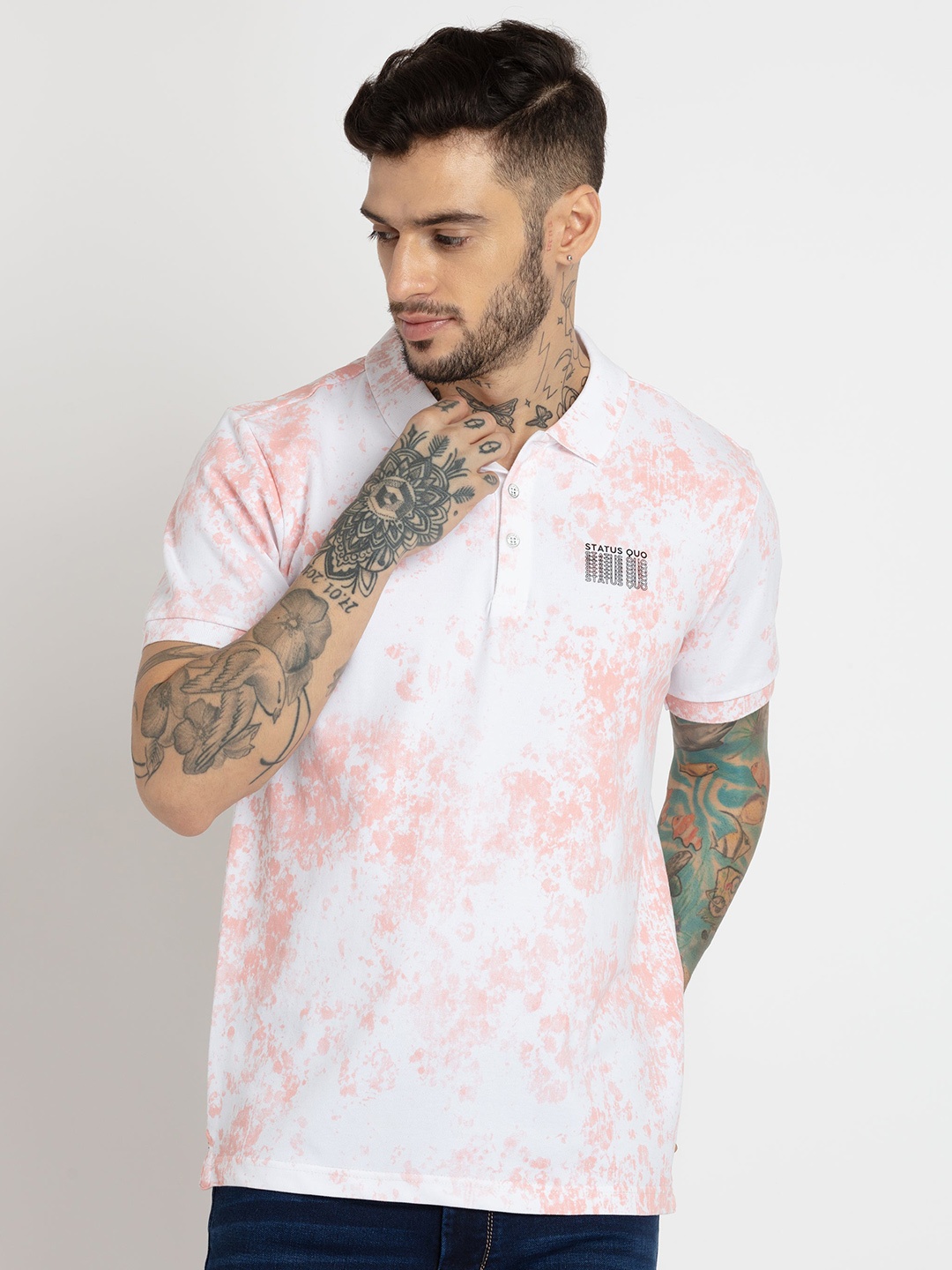 

Status Quo Men Tie and Dyed Polo Collar Cotton T-shirt, Coral