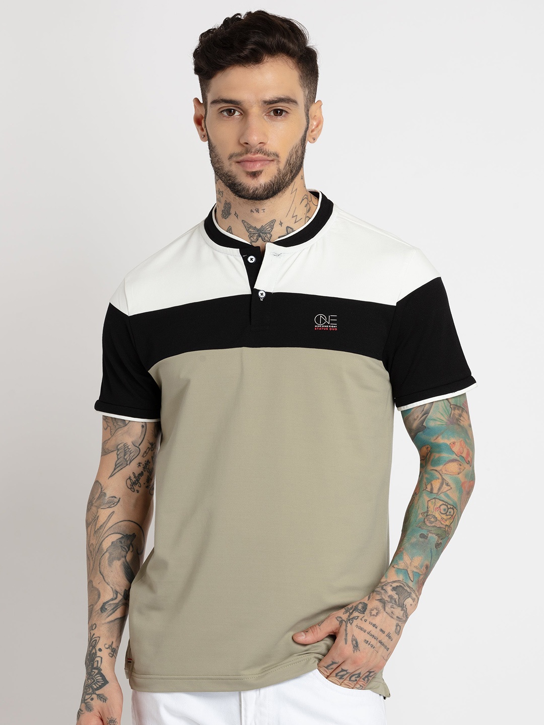 

Status Quo Men Cotton Colourblocked Henley Neck T-shirt, Off white