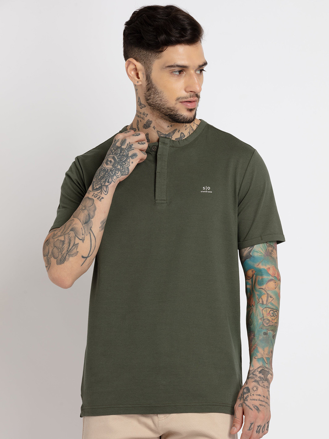 

Status Quo Men Henley Neck Cotton T-shirt, Olive