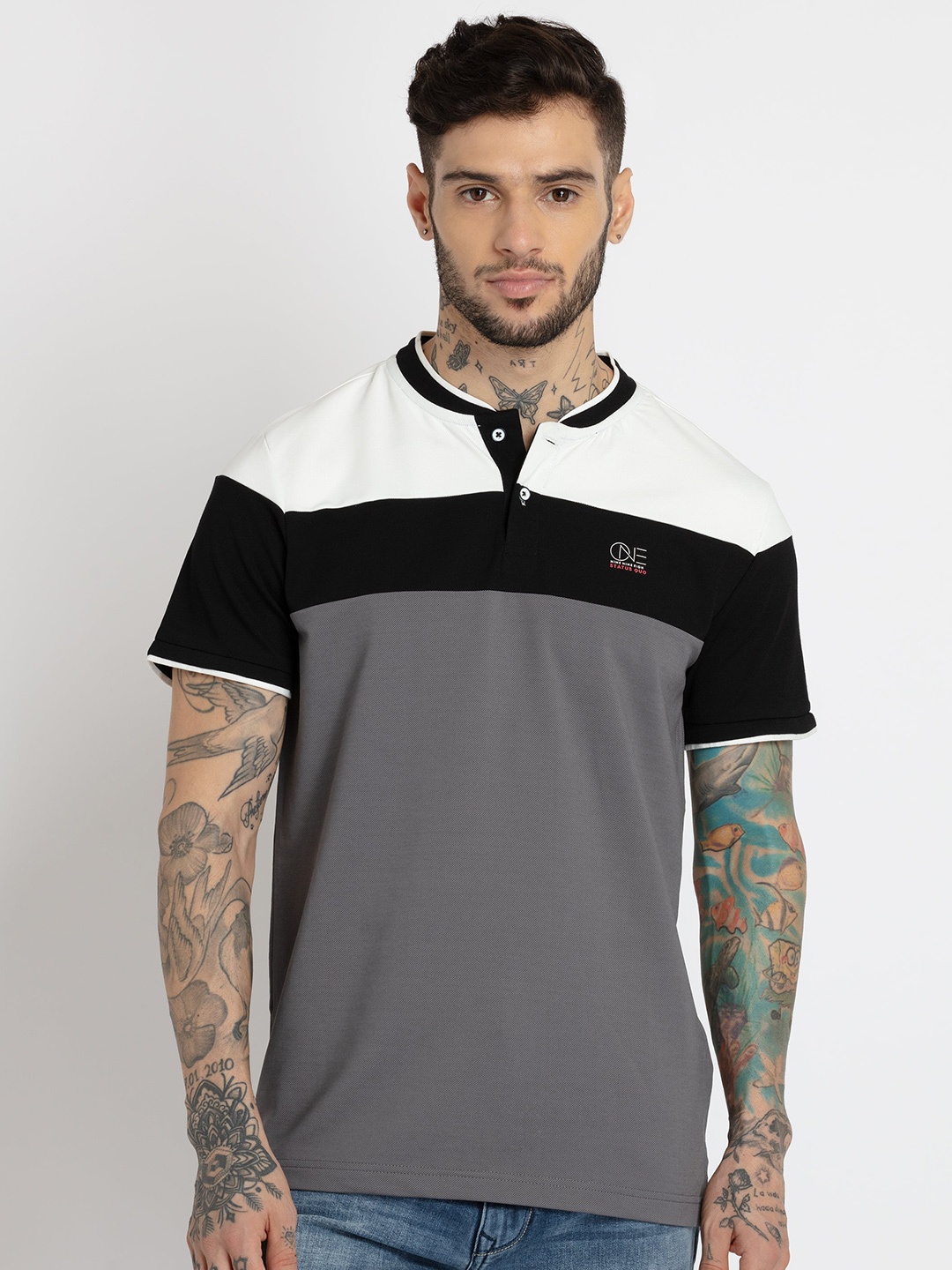 

Status Quo Men Plus Size Colourblocked Mandarin Collar Cotton T-shirt, Off white