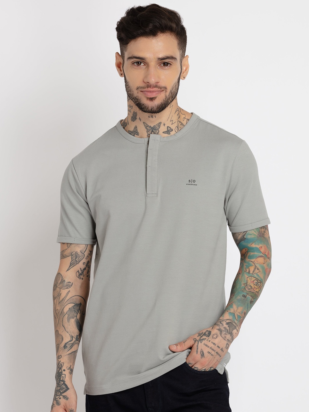 

Status Quo Men Henley Neck Cotton T-shirt, Grey