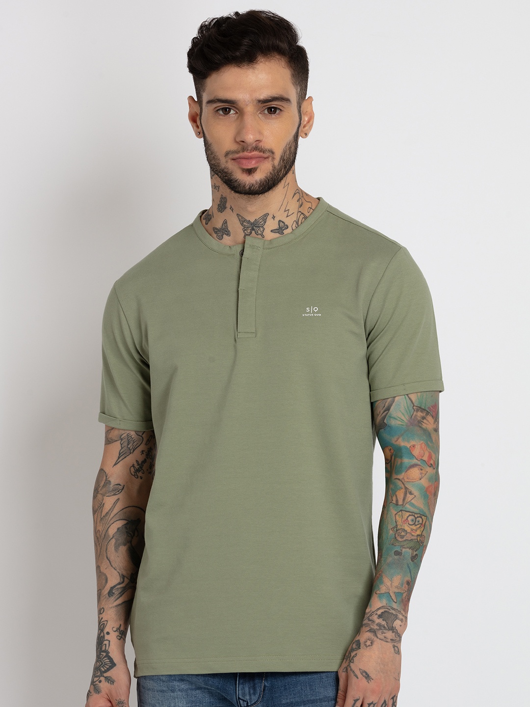 

Status Quo Men Henley Neck Cotton T-shirt, Olive