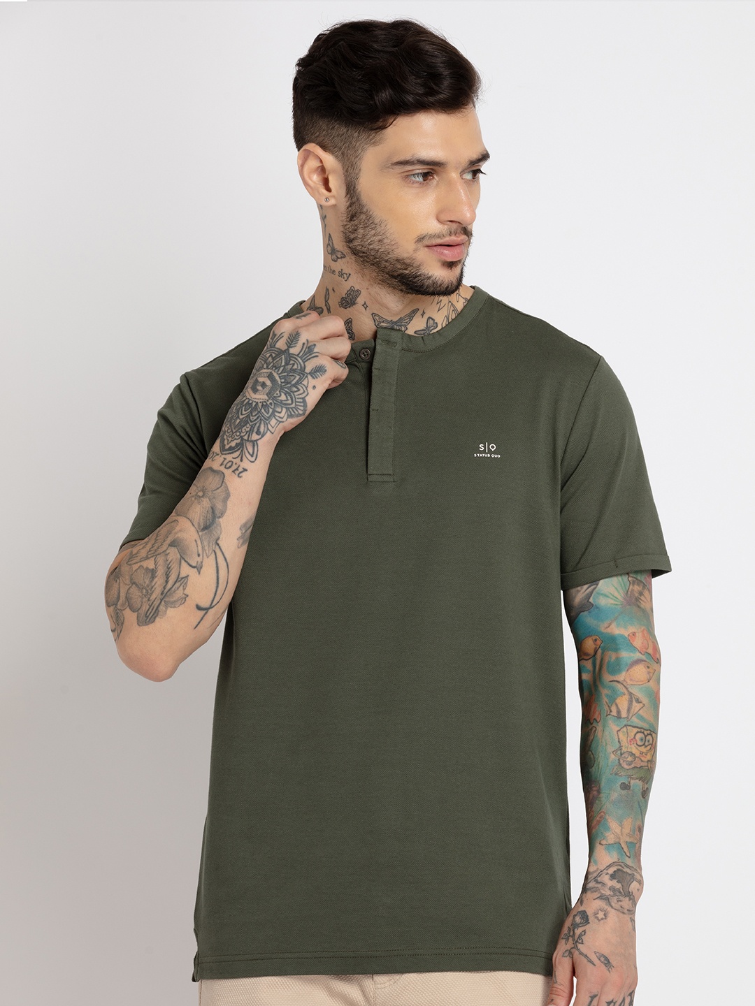 

Status Quo Men Round Neck Cotton T-shirt, Olive