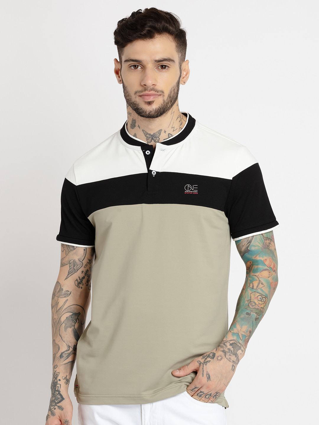 

Status Quo Men Henley Neck Cotton T-shirt, White