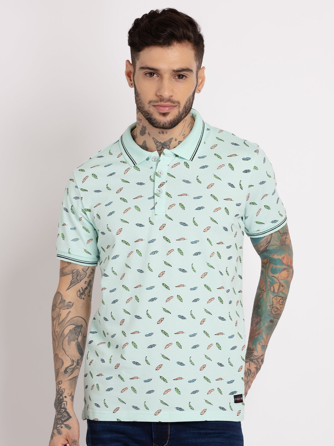 

Status Quo Men Aqua Blue Printed Polo Collar Cotton Regular Fit T-shirt