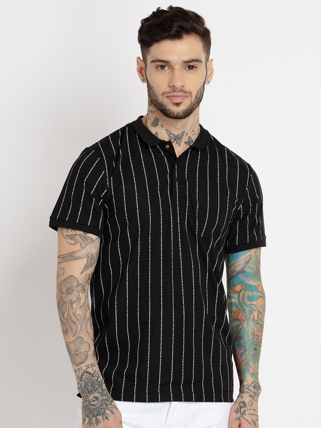 

Status Quo Men Striped Polo Collar Cotton T-shirt, Black