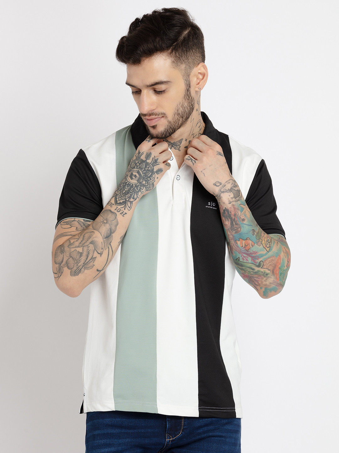 

Status Quo Men Striped Polo Collar Cotton T-shirt, White