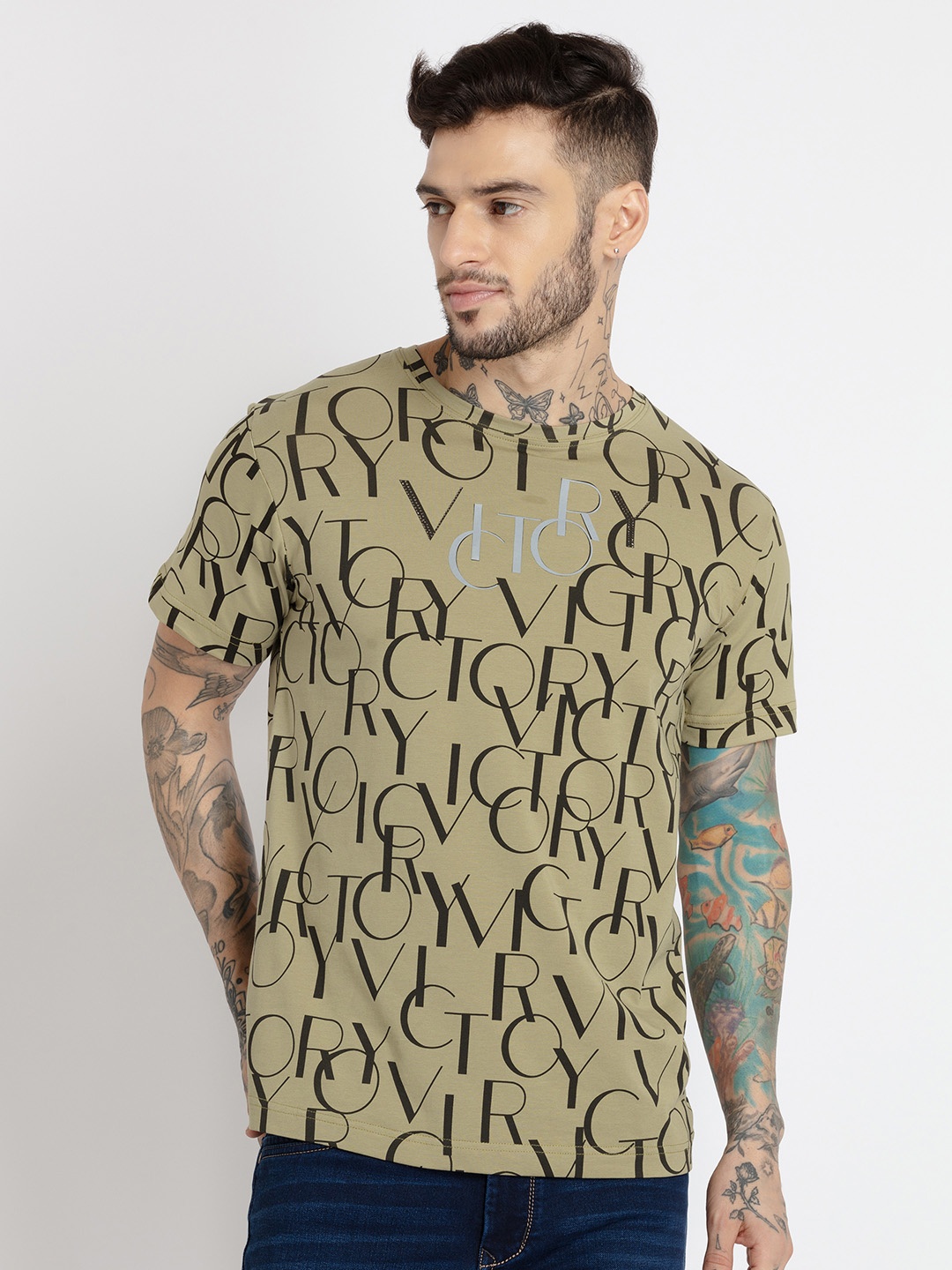 

Status Quo Men Typography Printed Cotton T-shirt, Olive