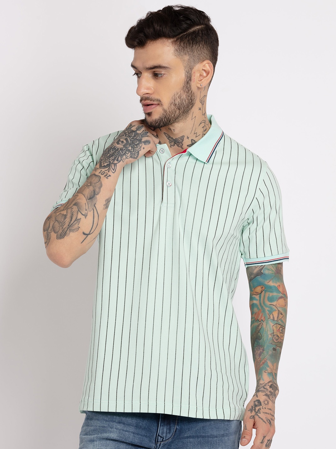 

Status Quo Men Striped Polo Collar Cotton T-shirt, Sea green