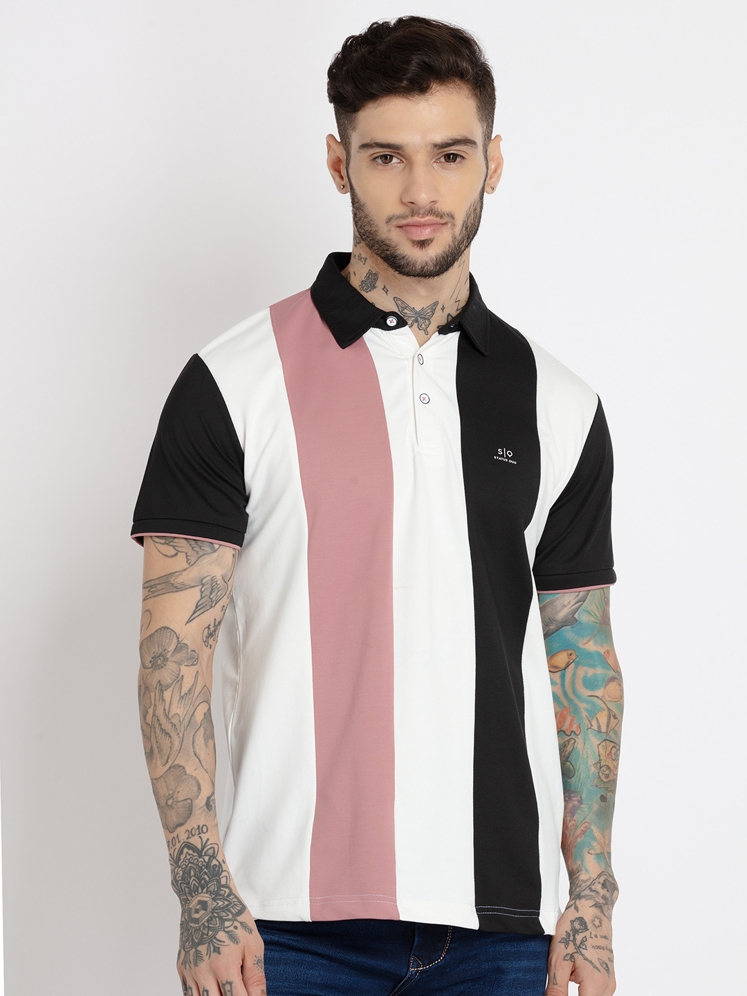

Status Quo Men Striped Polo Collar Cotton T-shirt, White