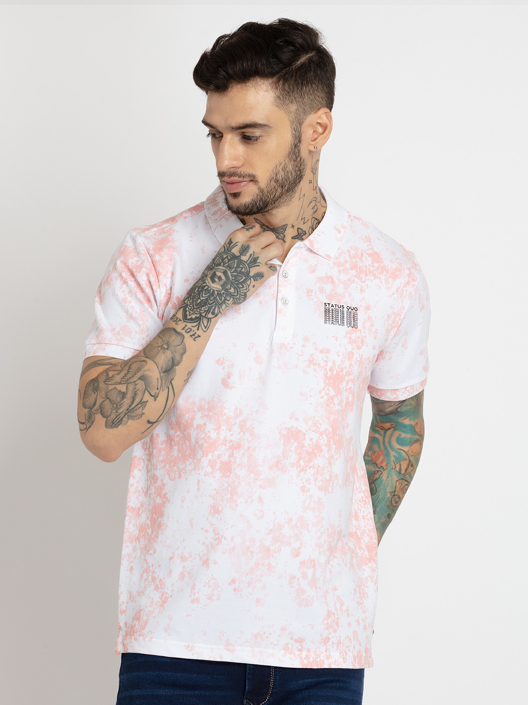 

Status Quo Men Cotton Printed Polo T-shirt, Coral