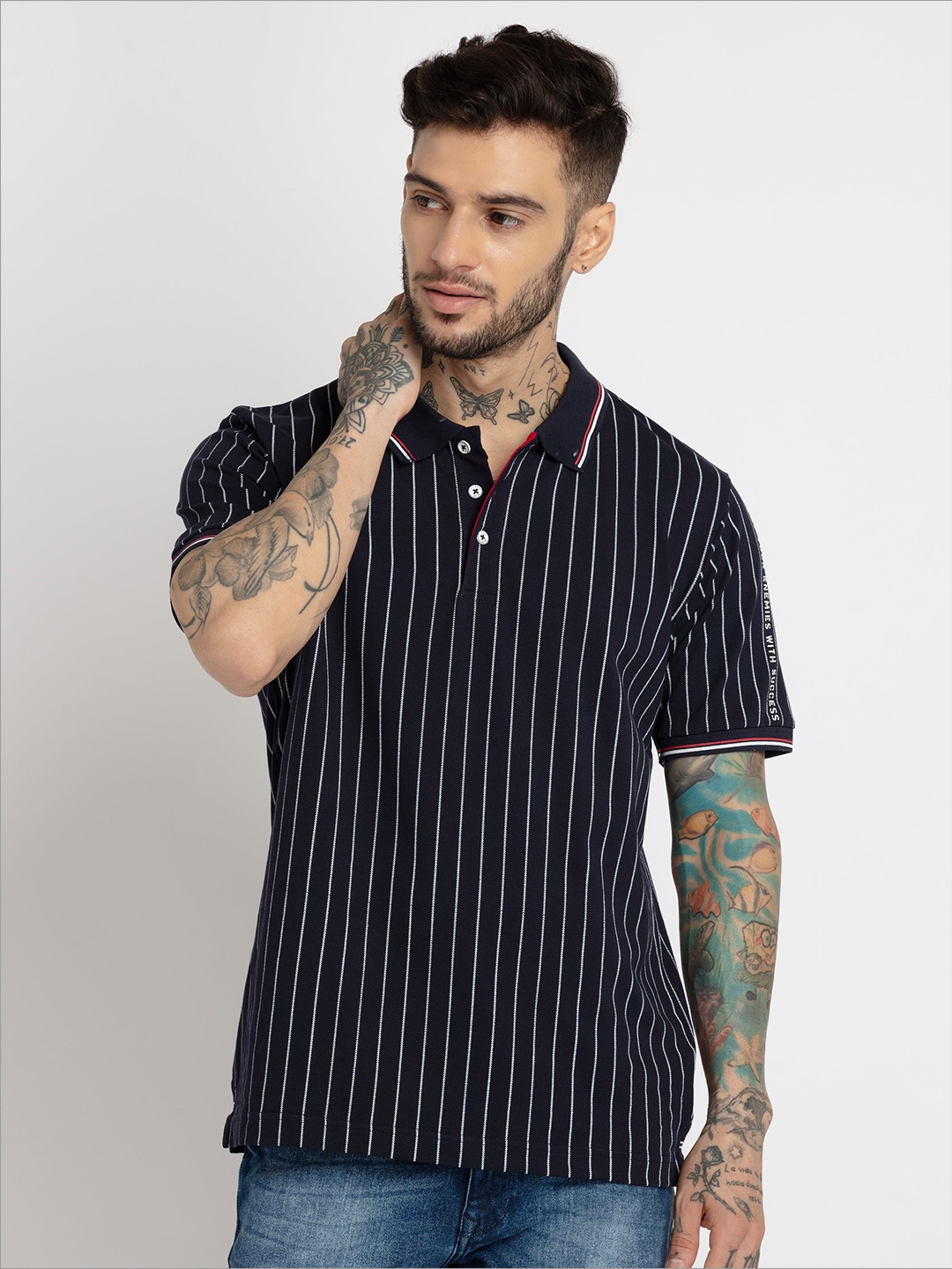 

Status Quo Men Striped Polo Collar Cotton T-shirt, Navy blue