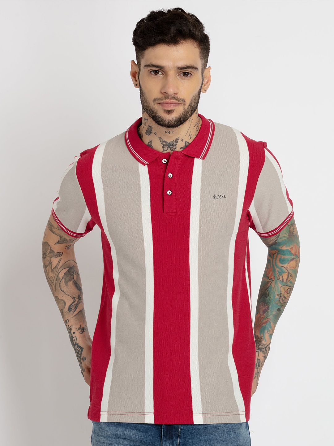 

Status Quo Men Red Striped Polo Collar Cotton T-shirt