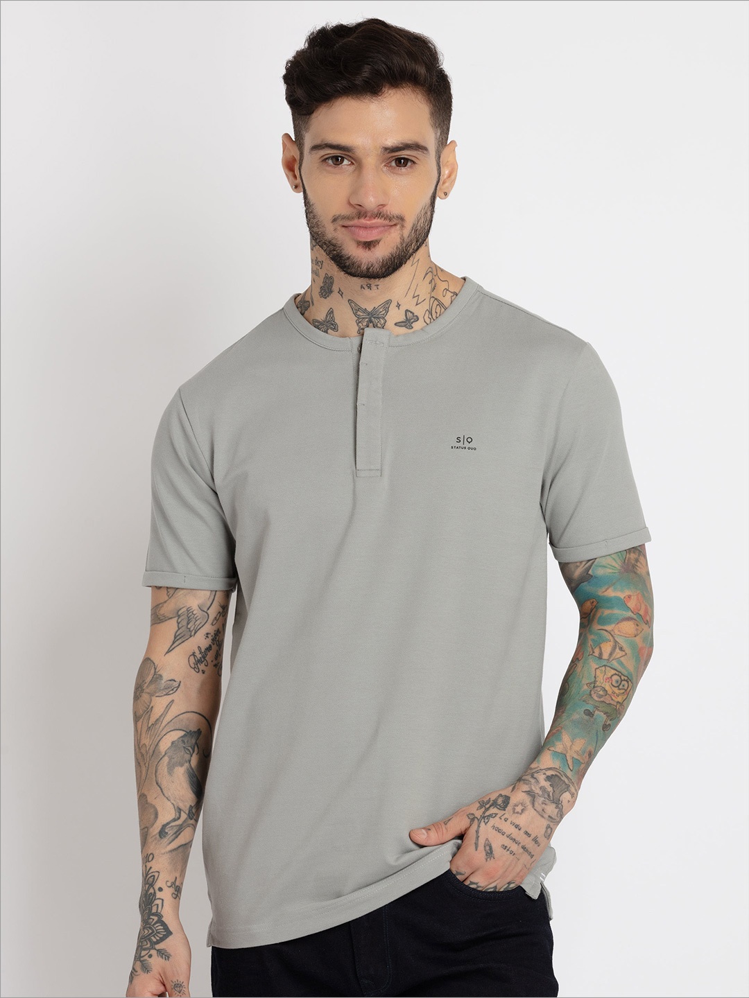 

Status Quo Men Grey Henley Neck Cotton T-shirt