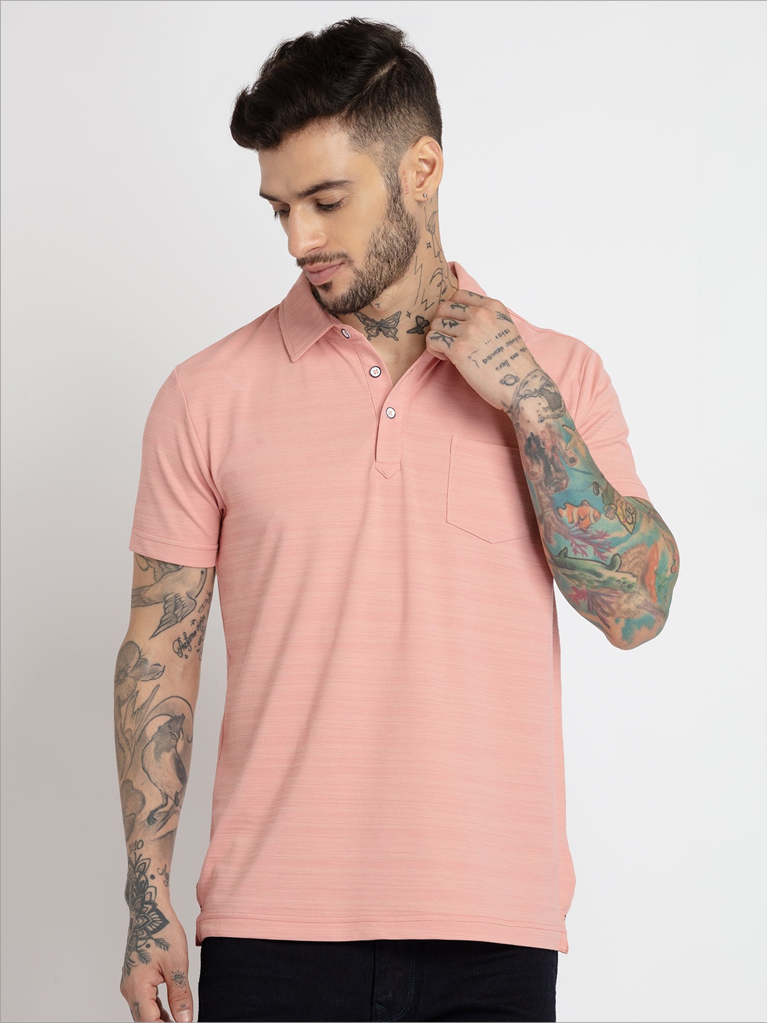 

Status Quo Men Striped Polo Collar Cotton T-shirt, Peach