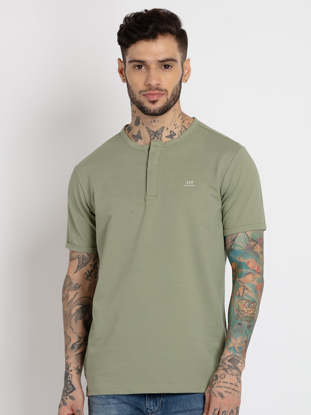 

Status Quo Men Henley Neck Cotton T-shirt, Green