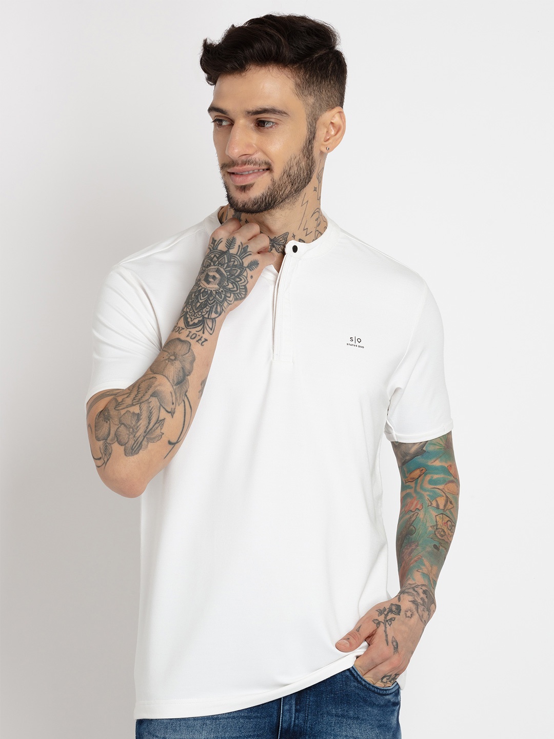 

Status Quo Men White Floral Printed Polo Collar Tropical T-shirt