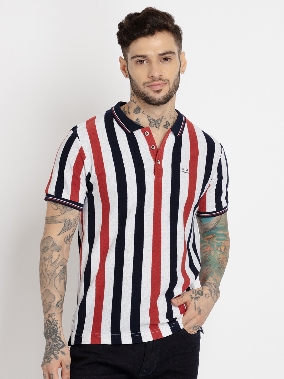 

Status Quo Men Striped Polo Collar T-shirt, White