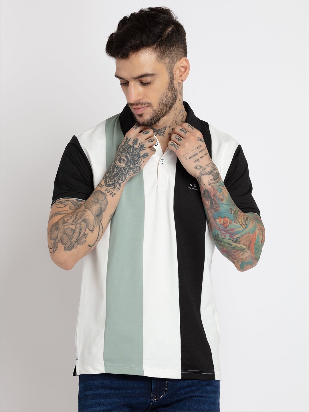 

Status Quo Men Striped Polo Collar Cotton T-shirt, White