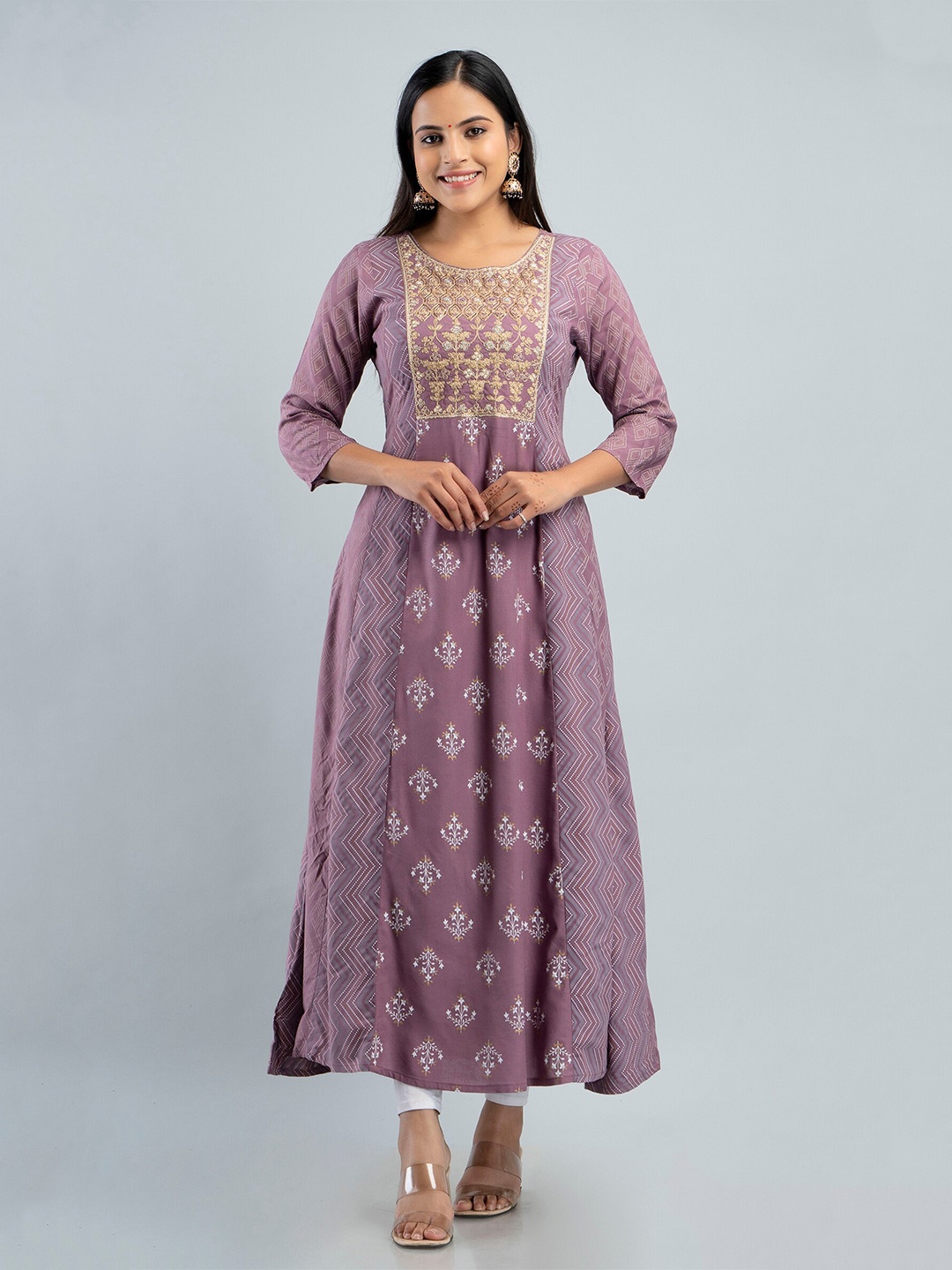 

MAUKA Women Ethnic Motifs Embroidered Thread Work Indie Prints Anarkali Kurta with Dupatta, Lavender