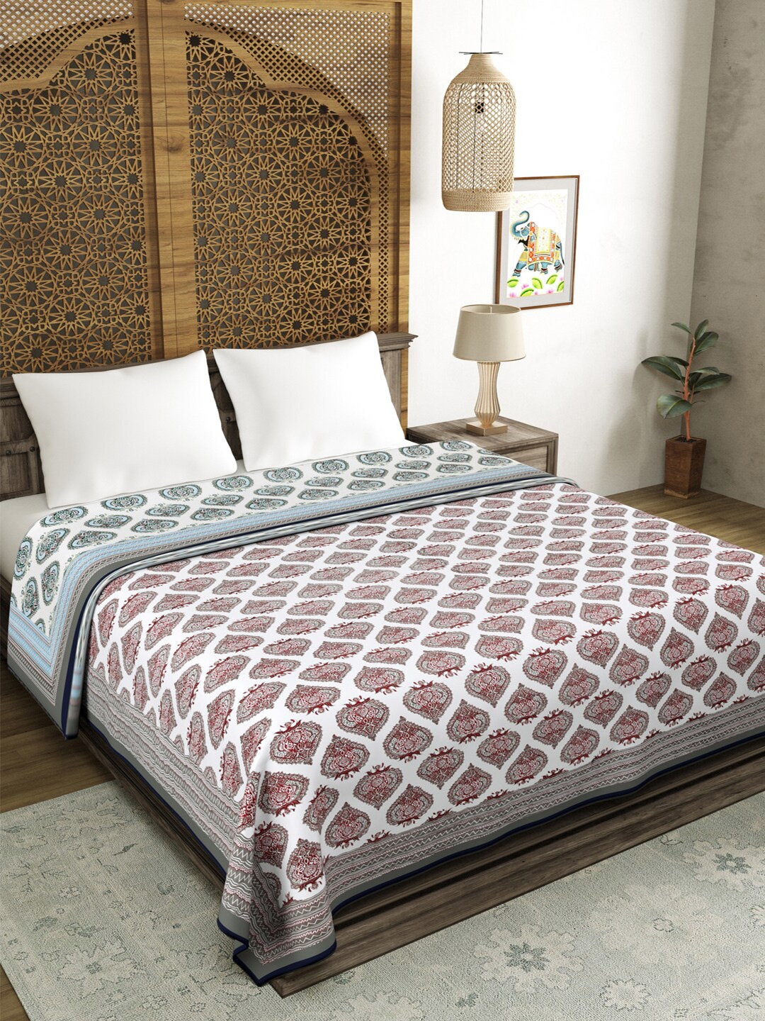 

BLOCKS OF INDIA White & Grey Ethnic Motifs AC Room 150 GSM Pure Cotton Double Bed Dohar