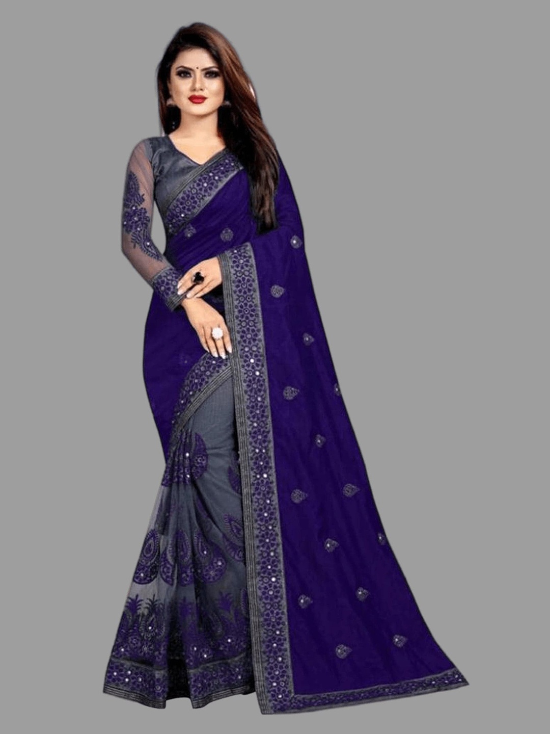 

APNISHA Embellished Embroidered Saree, Navy blue