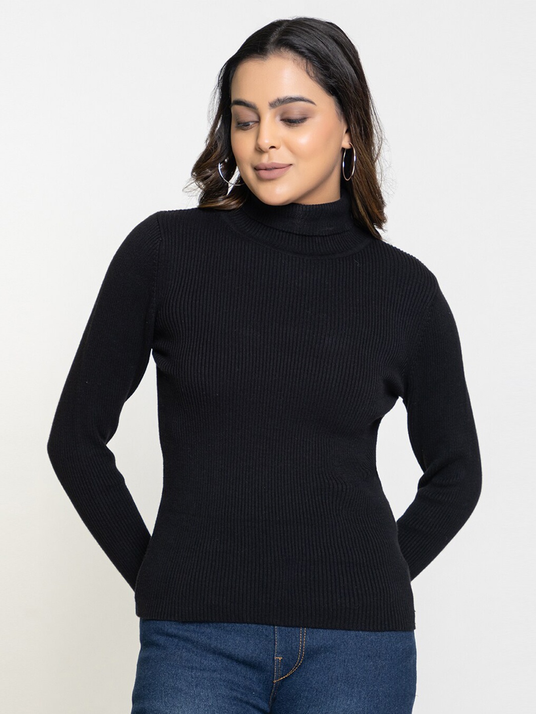

FEMEA Women Ribbed Pure Cotton Pullover Sweater, Black
