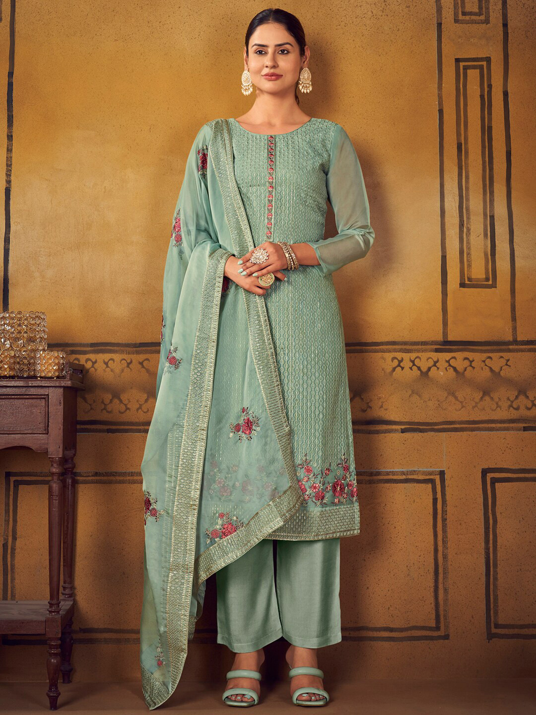 

Stylee LIFESTYLE Embroidered Pure Silk Unstitched Dress Material, Green