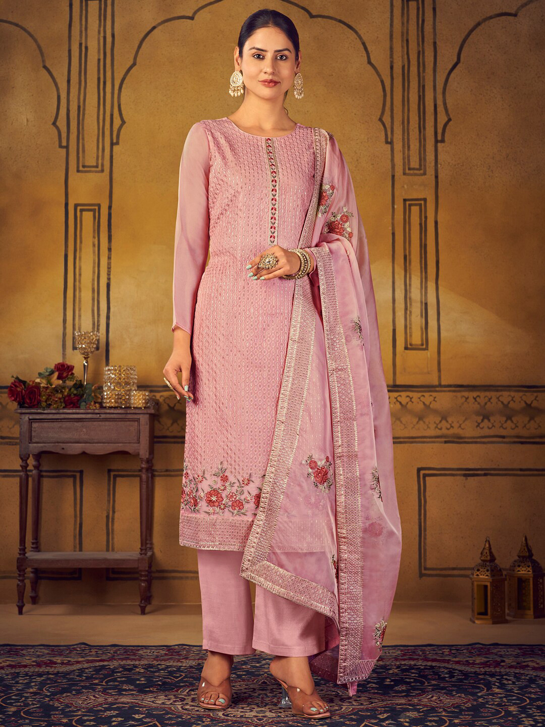

Stylee LIFESTYLE Embroidered Pure Silk Unstitched Dress Material, Pink