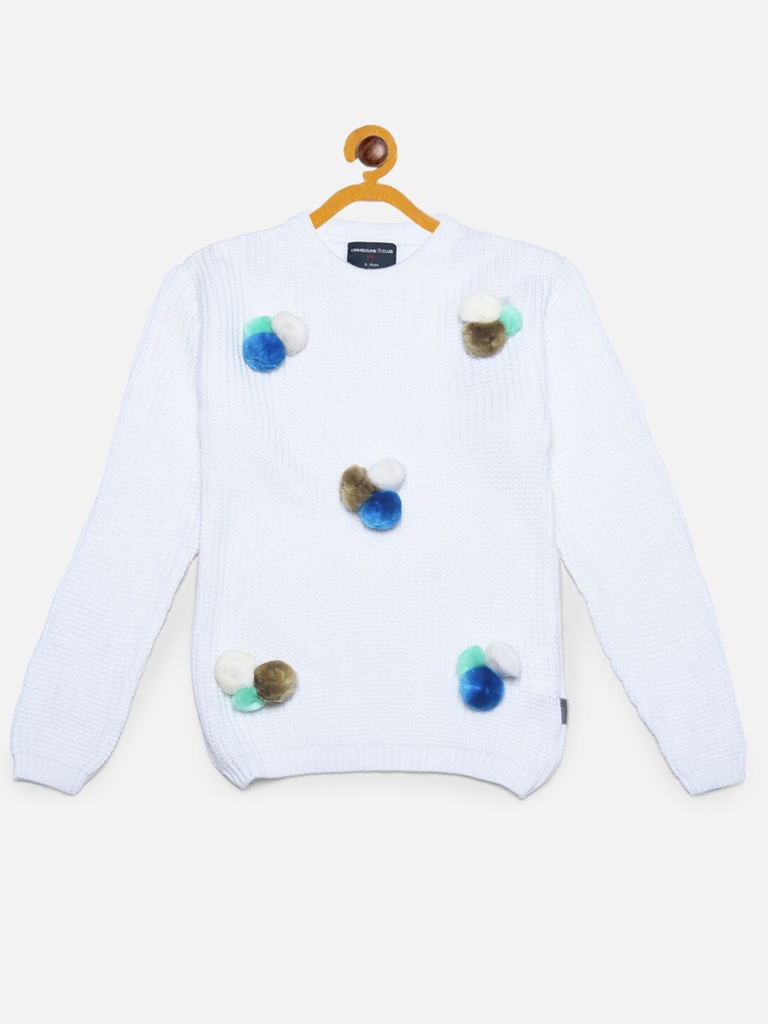 

Crimsoune Club Girls White & Blue Embroidered Pullover with Embellished Detail