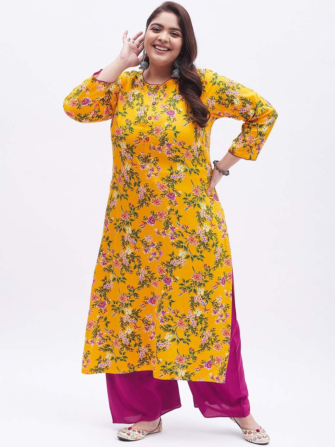 

Tissu Women Round Neck Floral Printed Kurta with Palazzos, Yellow