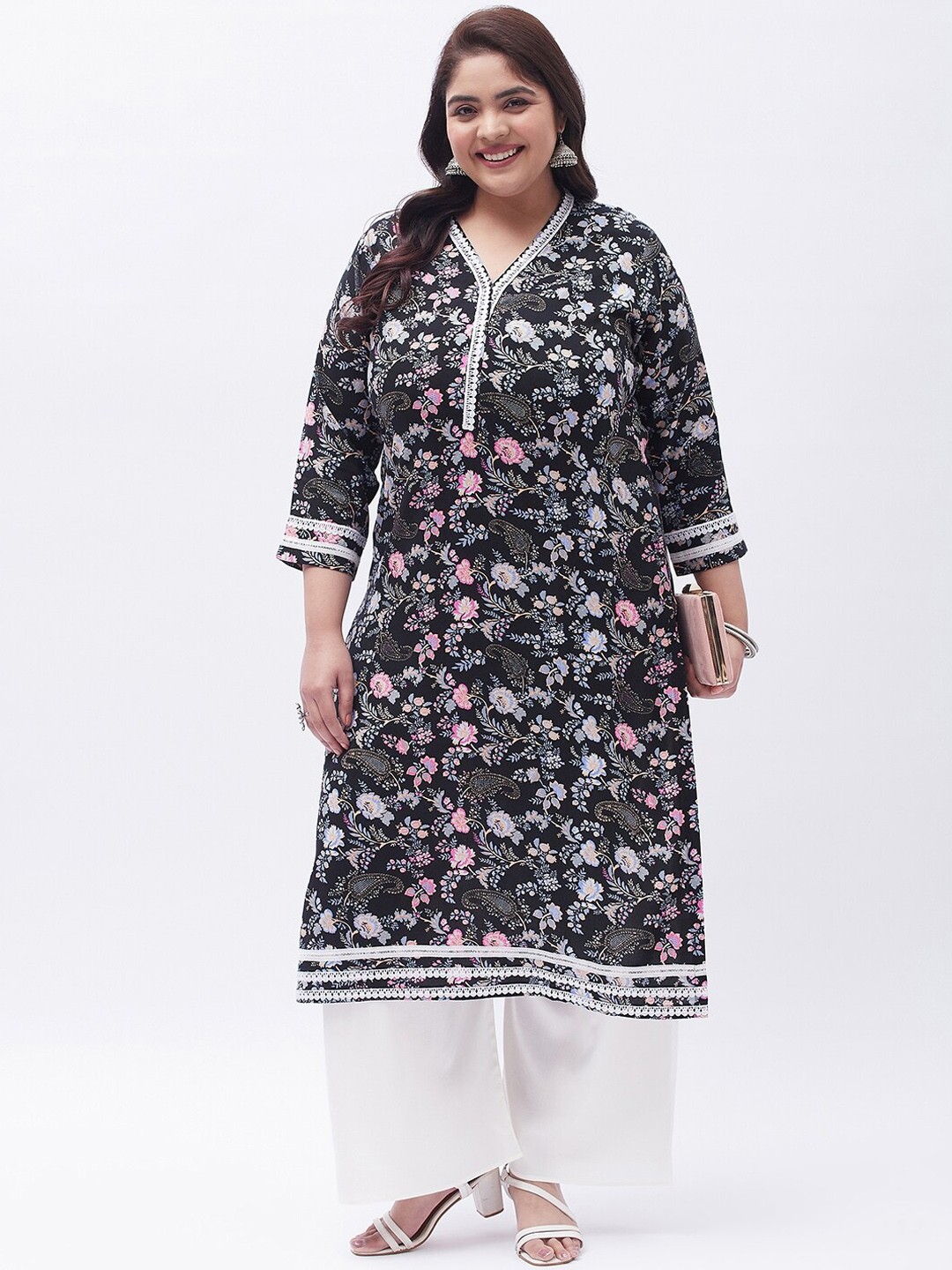 

Tissu Women Plus Size Floral Printed V Neck Kurta with Palazzos, Black