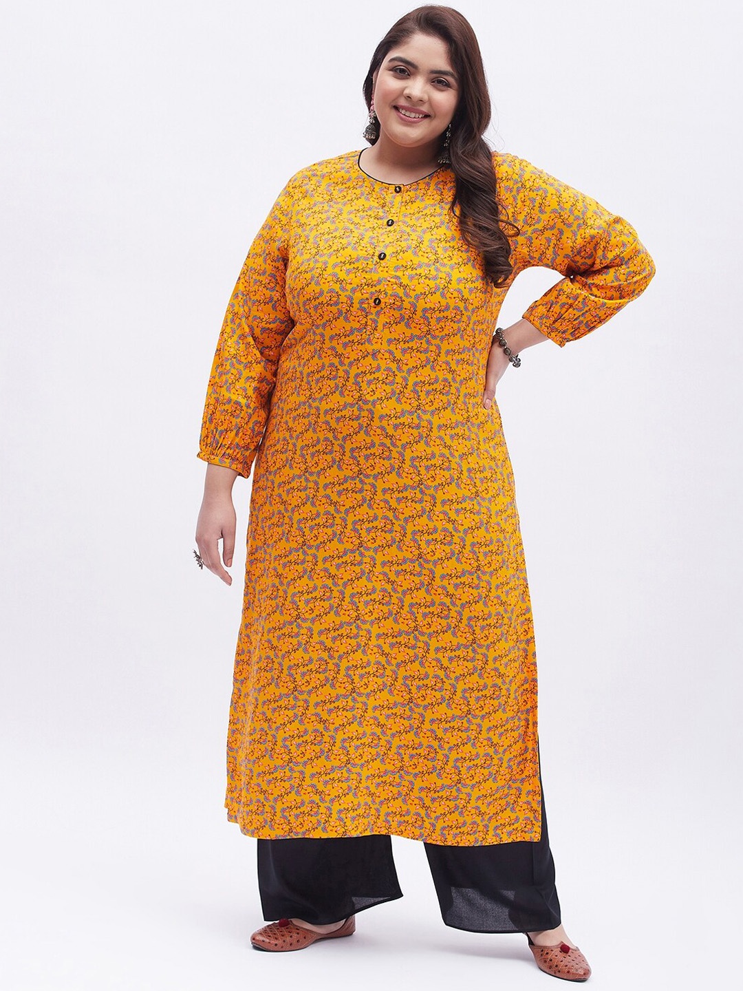 

Tissu Women Plus Size Floral Printed Round Neck Kurta with Palazzos, Yellow