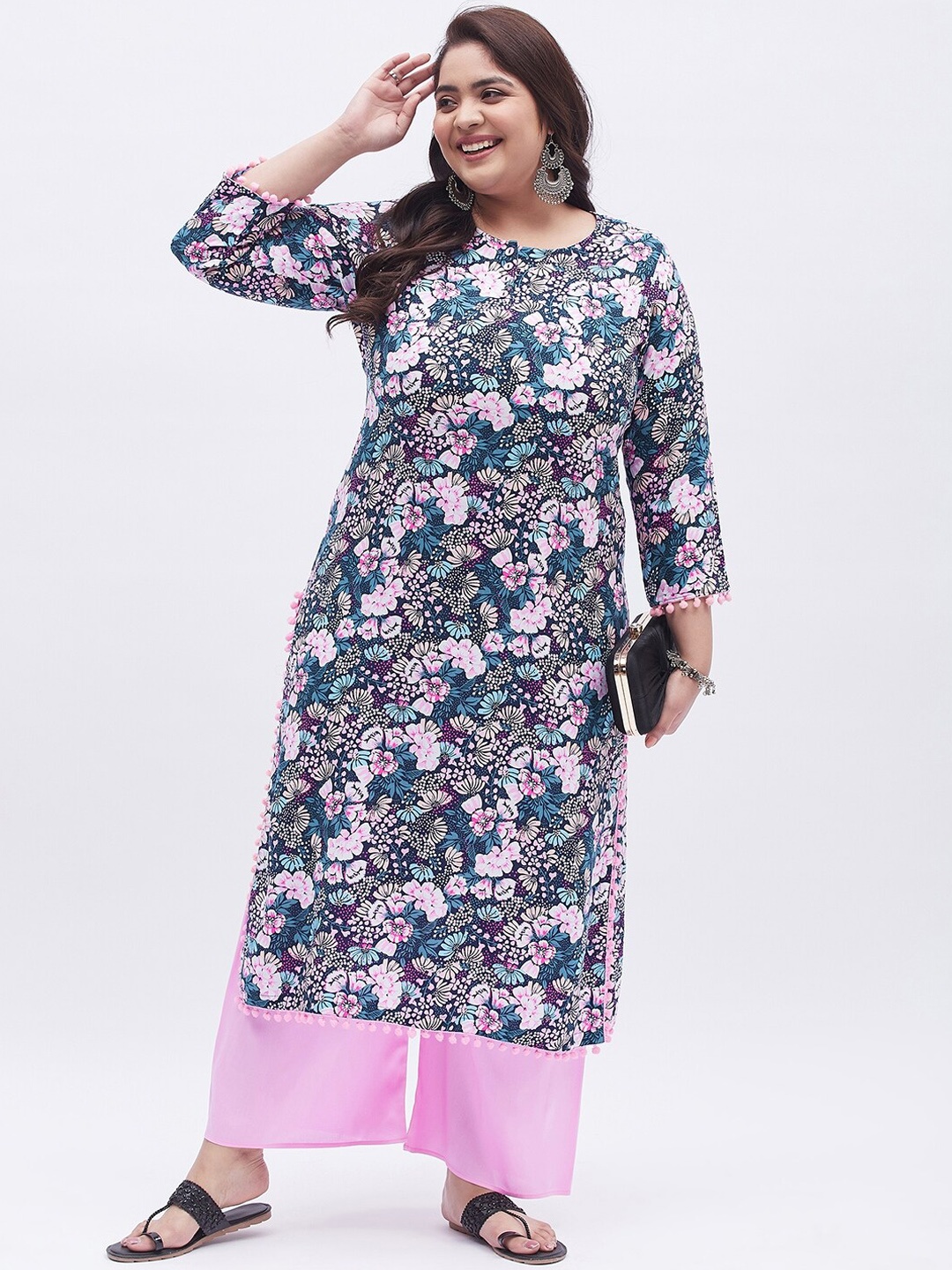 

Tissu Women Plus Size Floral Printed Round Neck Kurta with Palazzos, Blue