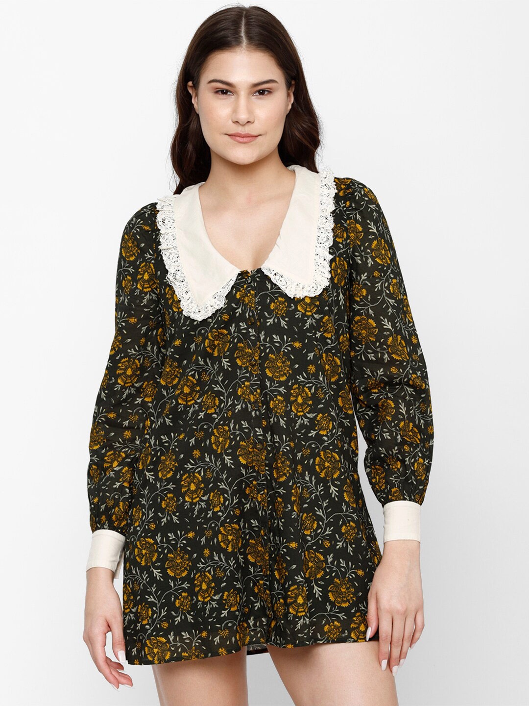 

AMERICAN EAGLE OUTFITTERS Floral Printed A-Line Mini Cotton Dress, Olive