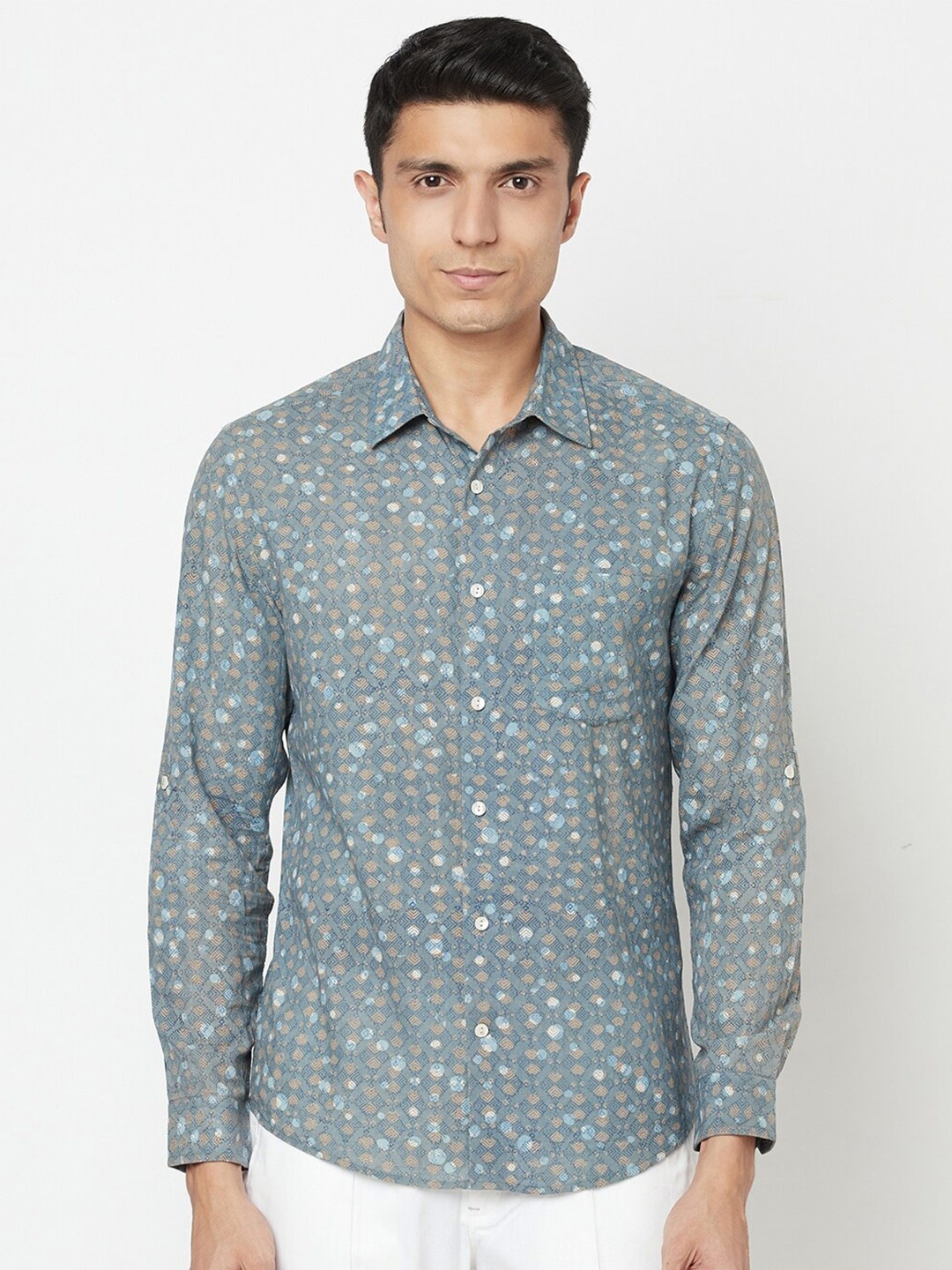 

Fabindia Men Slim Fit Printed Casual Cotton Shirt, Blue