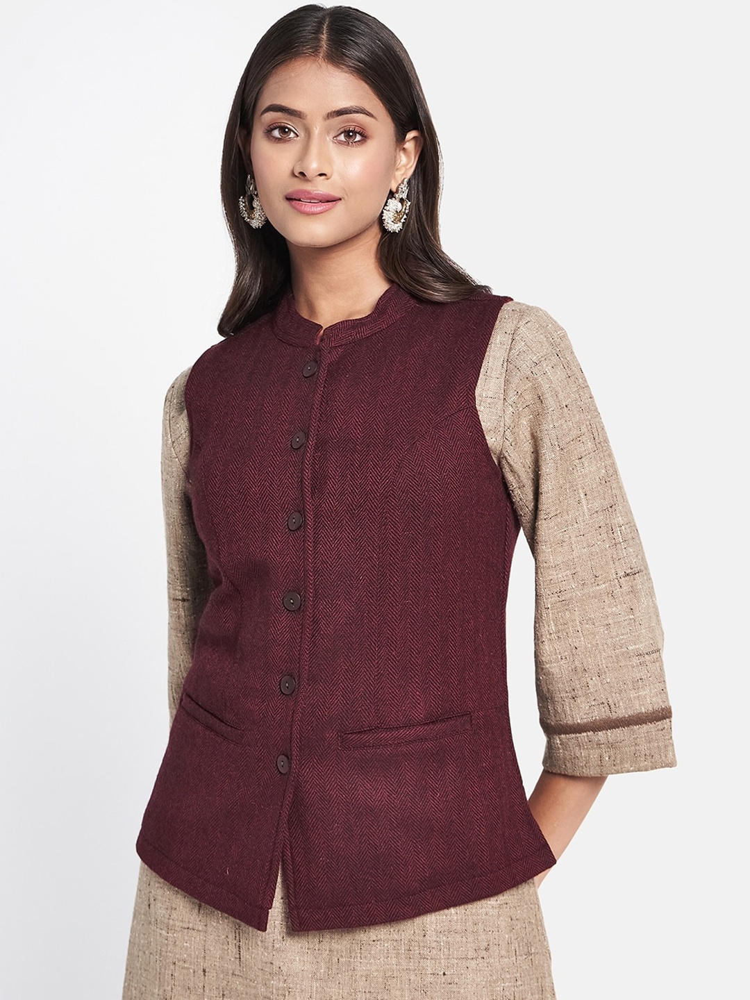 

Fabindia Women Woven Design Mandarin Collar Wool Nehru Jacket, Maroon