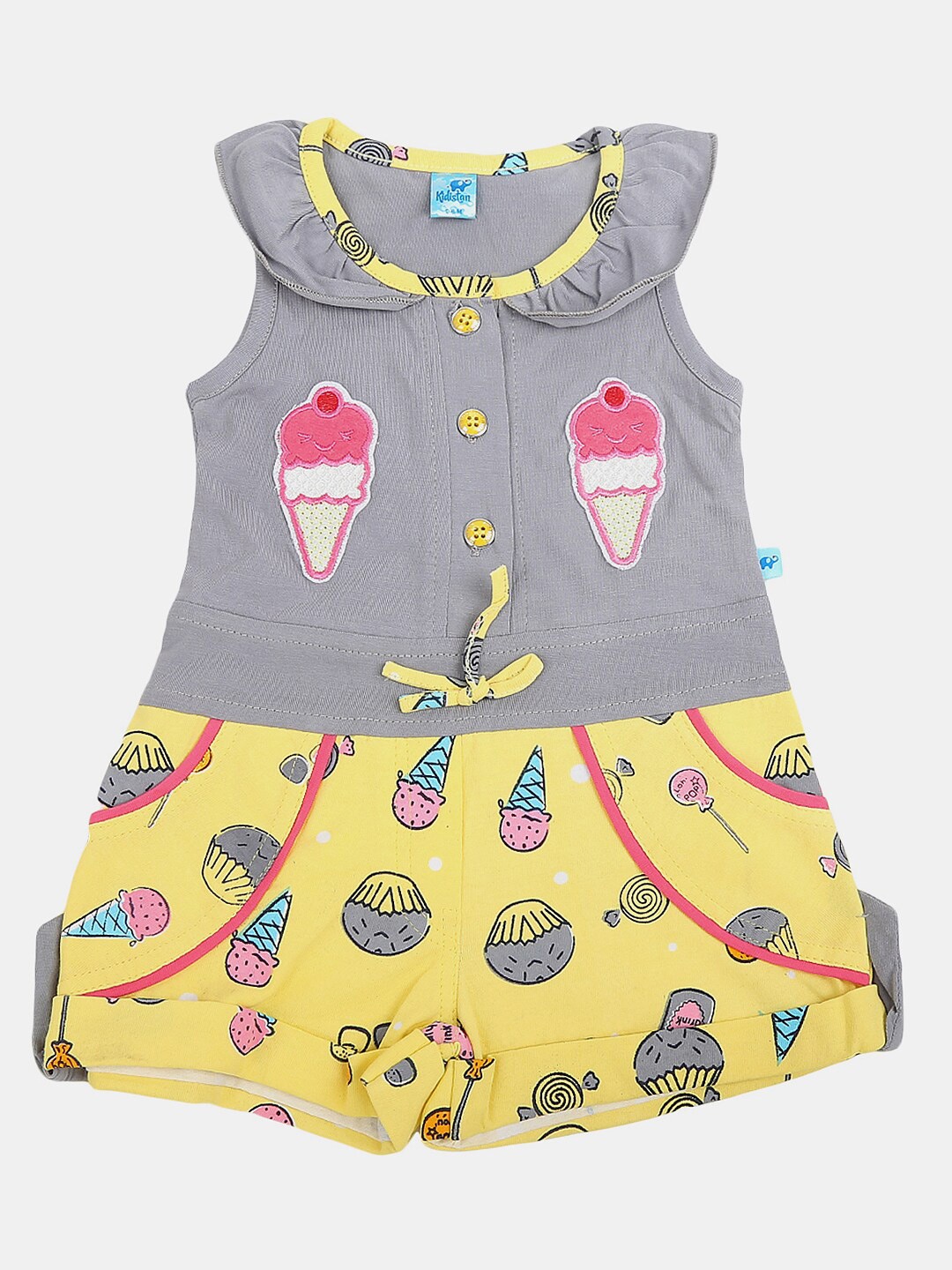 

V-Mart Unisex Kids Grey & Yellow Printed Top with Skirt